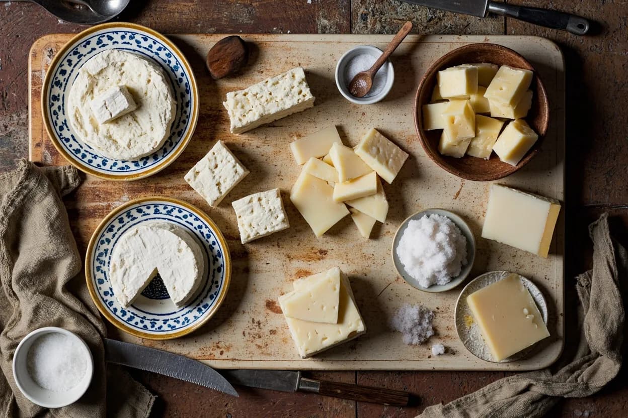 Mise en place for Greek Island Dairy Tradition: the staple ingredients and key tools of the tradition laid out on the cook's board.