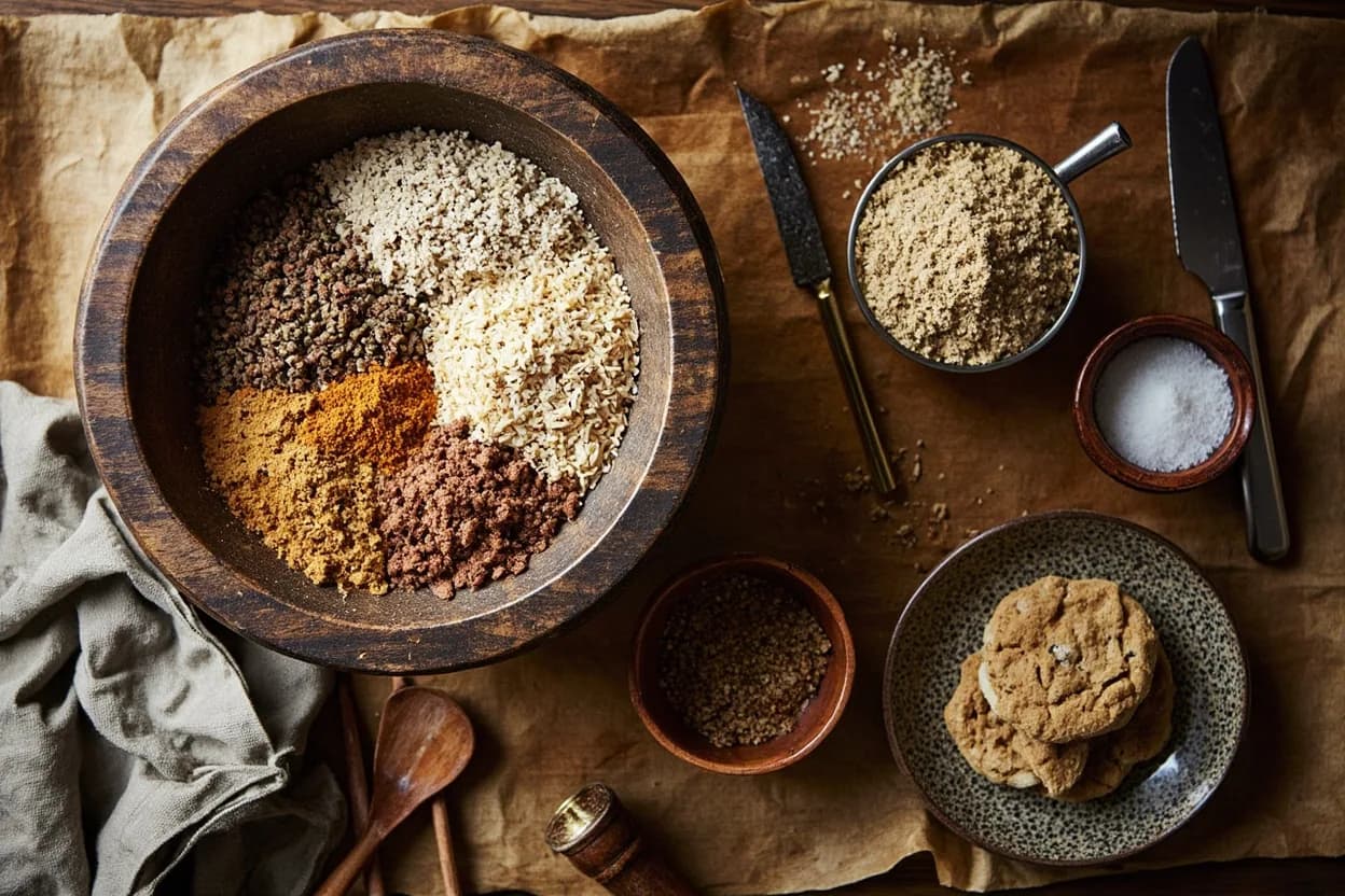 Mise en place for Hausa-Fulani (Northern Nigerian): the staple ingredients and key tools of the tradition laid out on the cook's board.