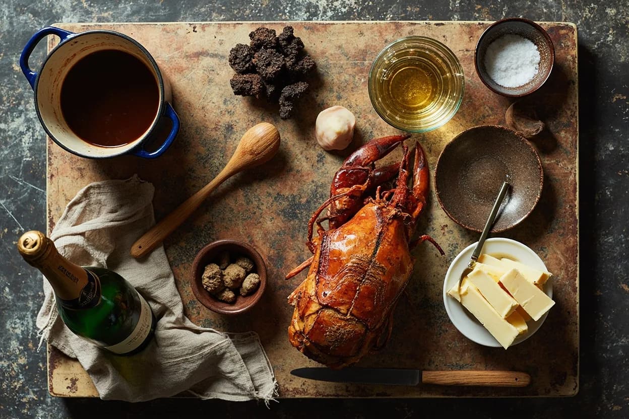 Mise en place for Haute Cuisine: the staple ingredients and key tools of the tradition laid out on the cook's board.