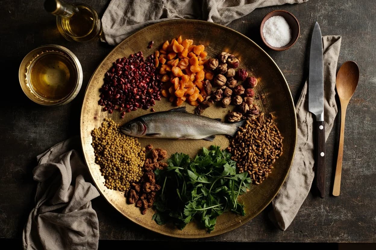 Mise en place for Himachali: the staple ingredients and key tools of the tradition laid out on the cook's board.