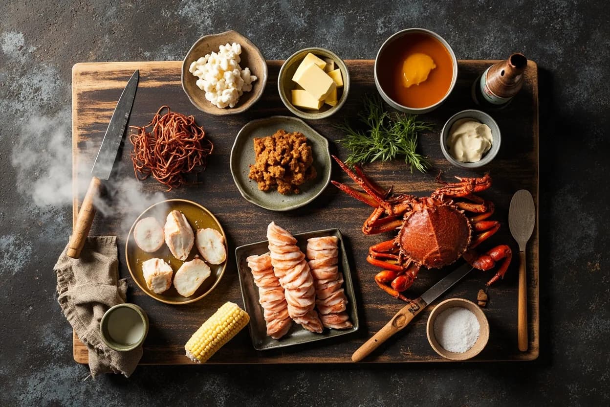 Mise en place for Hokkaido Seafood & Dairy Cuisine: the staple ingredients and key tools of the tradition laid out on the cook's board.