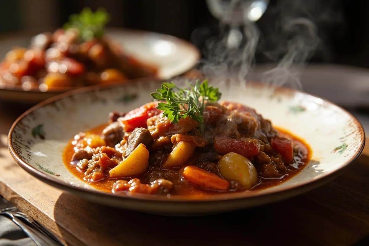 gulyás (goulash) — a signature plate from Hungarian cuisine, prepared in the regional style.