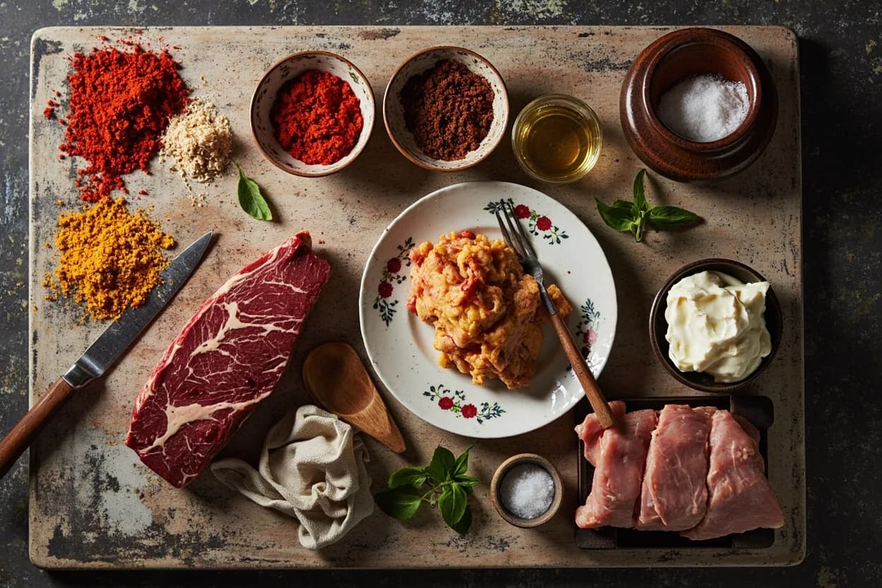 Mise en place for Hungarian: the staple ingredients and key tools of the tradition laid out on the cook's board.