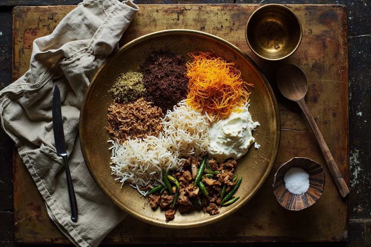 Mise en place for Hyderabadi: the staple ingredients and key tools of the tradition laid out on the cook's board.