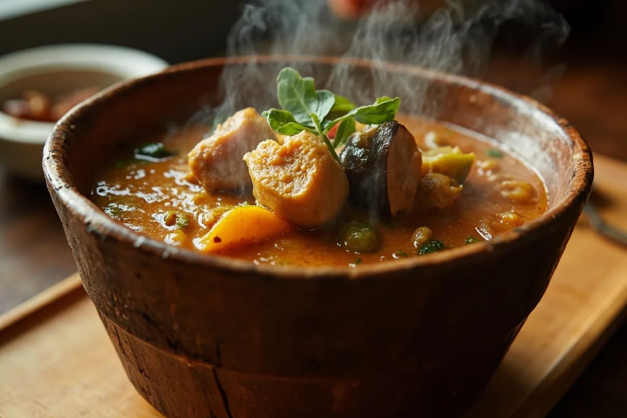ofe akwu (palm nut soup) — a signature plate from Igbo (Southeast Nigerian) cuisine, prepared in the regional style.