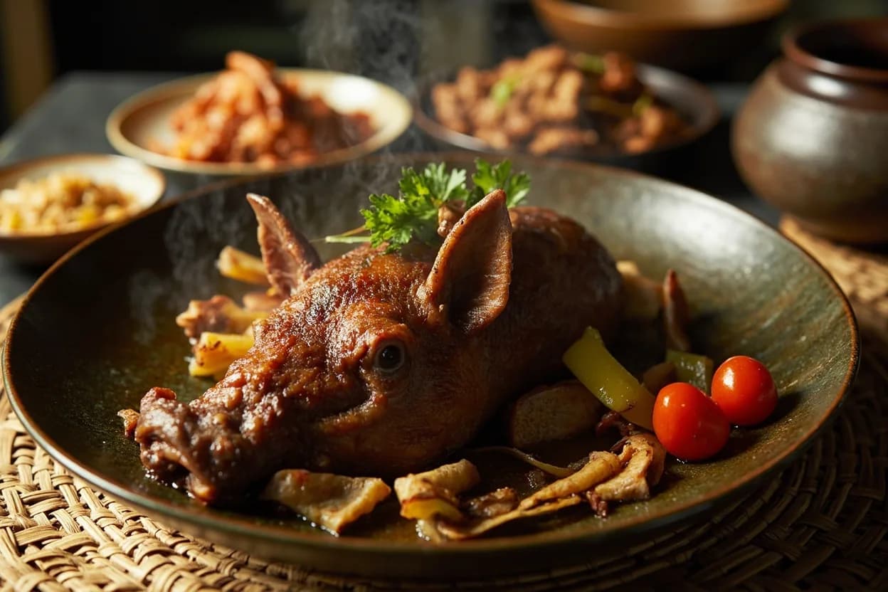 Babi guling (spit-roasted suckling pig with spiced stuffing) — a signature plate from Indonesian Balinese cuisine, prepared in the regional style.