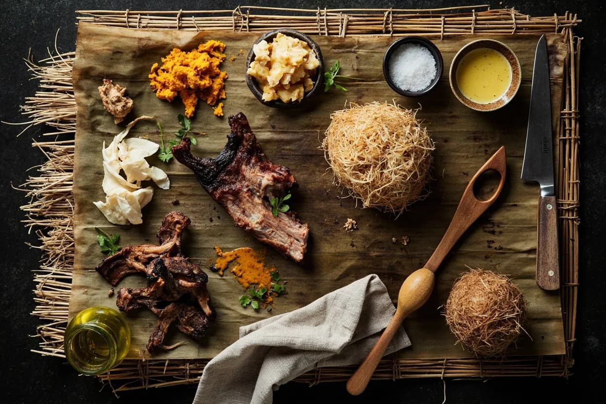 Mise en place for Indonesian Balinese: the staple ingredients and key tools of the tradition laid out on the cook's board.