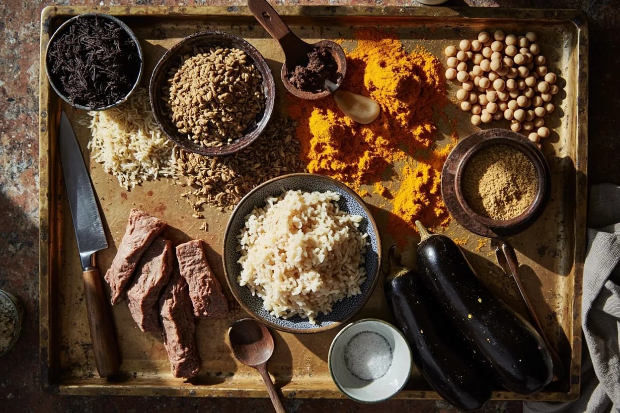 Mise en place for Iraqi: the staple ingredients and key tools of the tradition laid out on the cook's board.