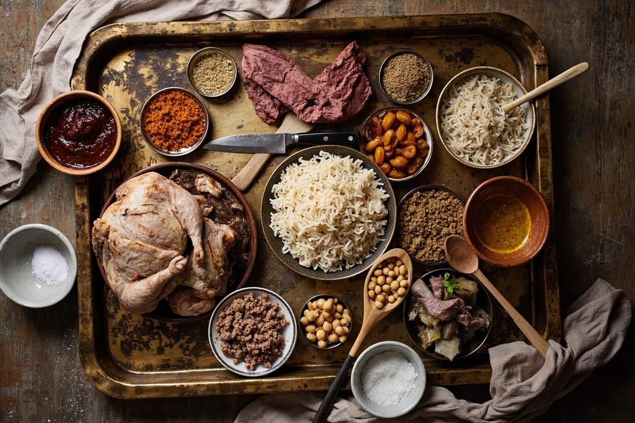 Mise en place for Iraqi Jewish (Baghdadi): the staple ingredients and key tools of the tradition laid out on the cook's board.
