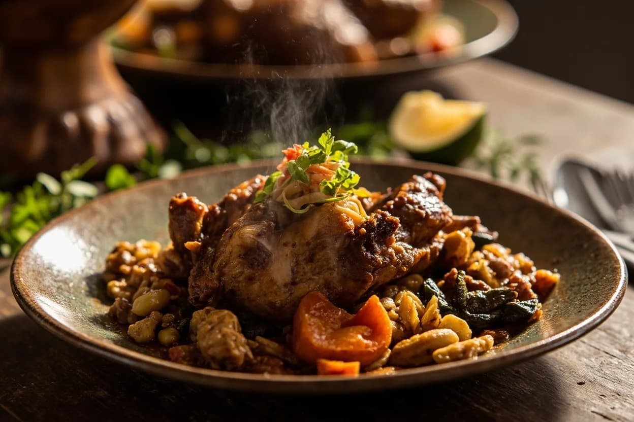 kedjenou (slow-braised chicken or guinea fowl) — a signature plate from Ivorian (Côte d'Ivoire) cuisine, prepared in the regional style.