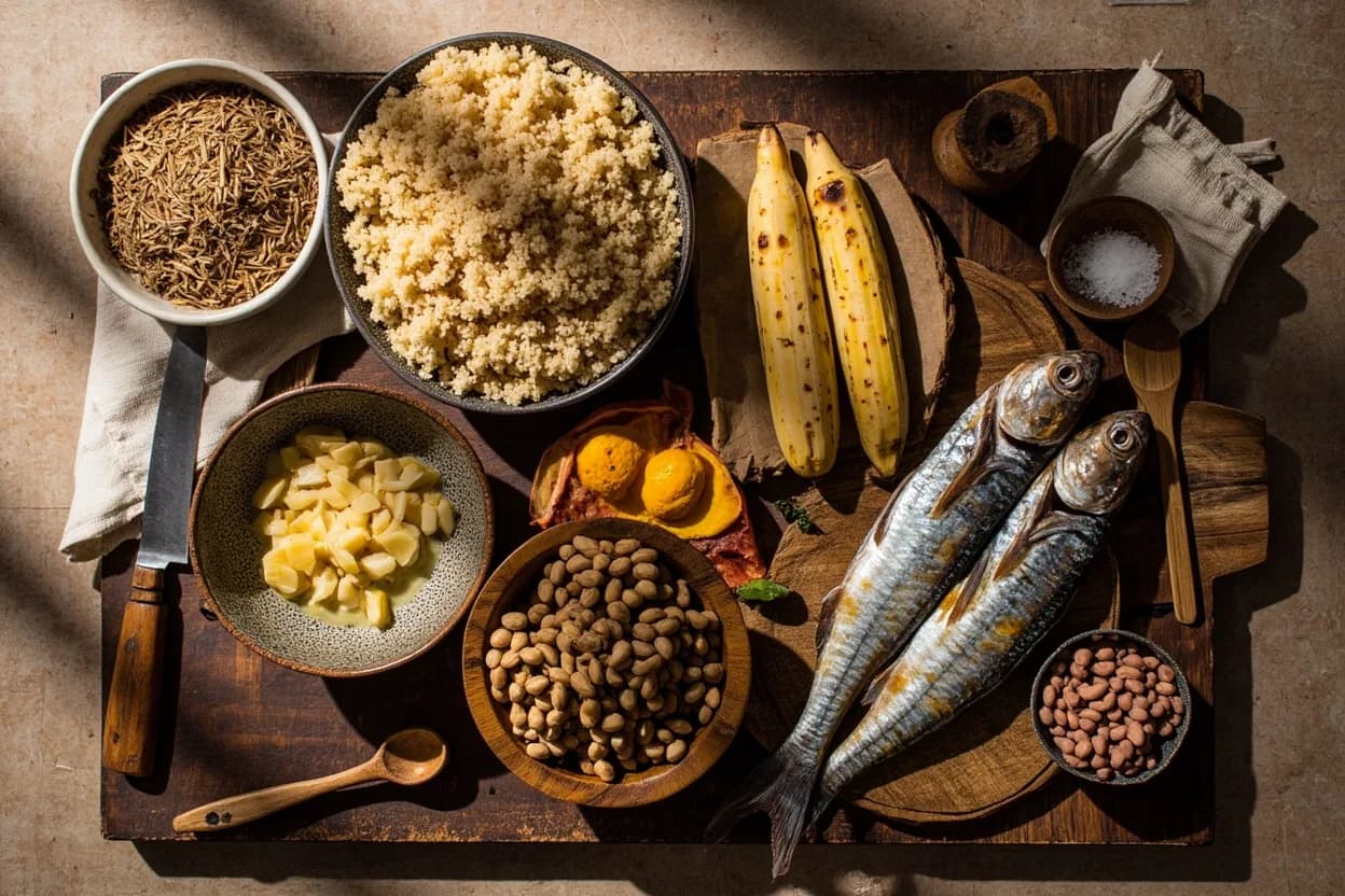 Mise en place for Ivorian (Côte d'Ivoire): the staple ingredients and key tools of the tradition laid out on the cook's board.