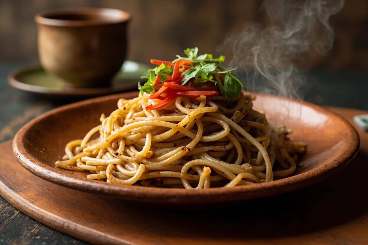 yakisoba brasileiro (with farinha de mandioca) — a signature plate from Japanese-Brazilian (Nipo-Brasileiro) cuisine, prepared in the regional style.