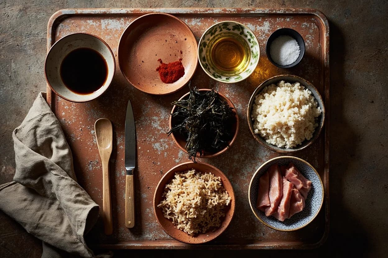 Mise en place for Japanese-Brazilian (Nipo-Brasileiro): the staple ingredients and key tools of the tradition laid out on the cook's board.