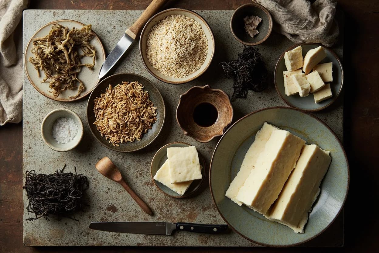 Mise en place for Japanese Buddhist Cuisine (Shojin Ryori): the staple ingredients and key tools of the tradition laid out on the cook's board.