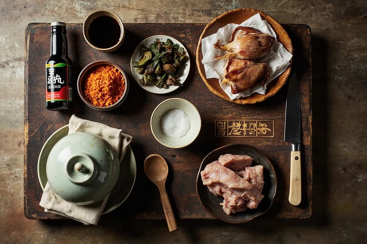 Mise en place for Jeju Island Cuisine: the staple ingredients and key tools of the tradition laid out on the cook's board.