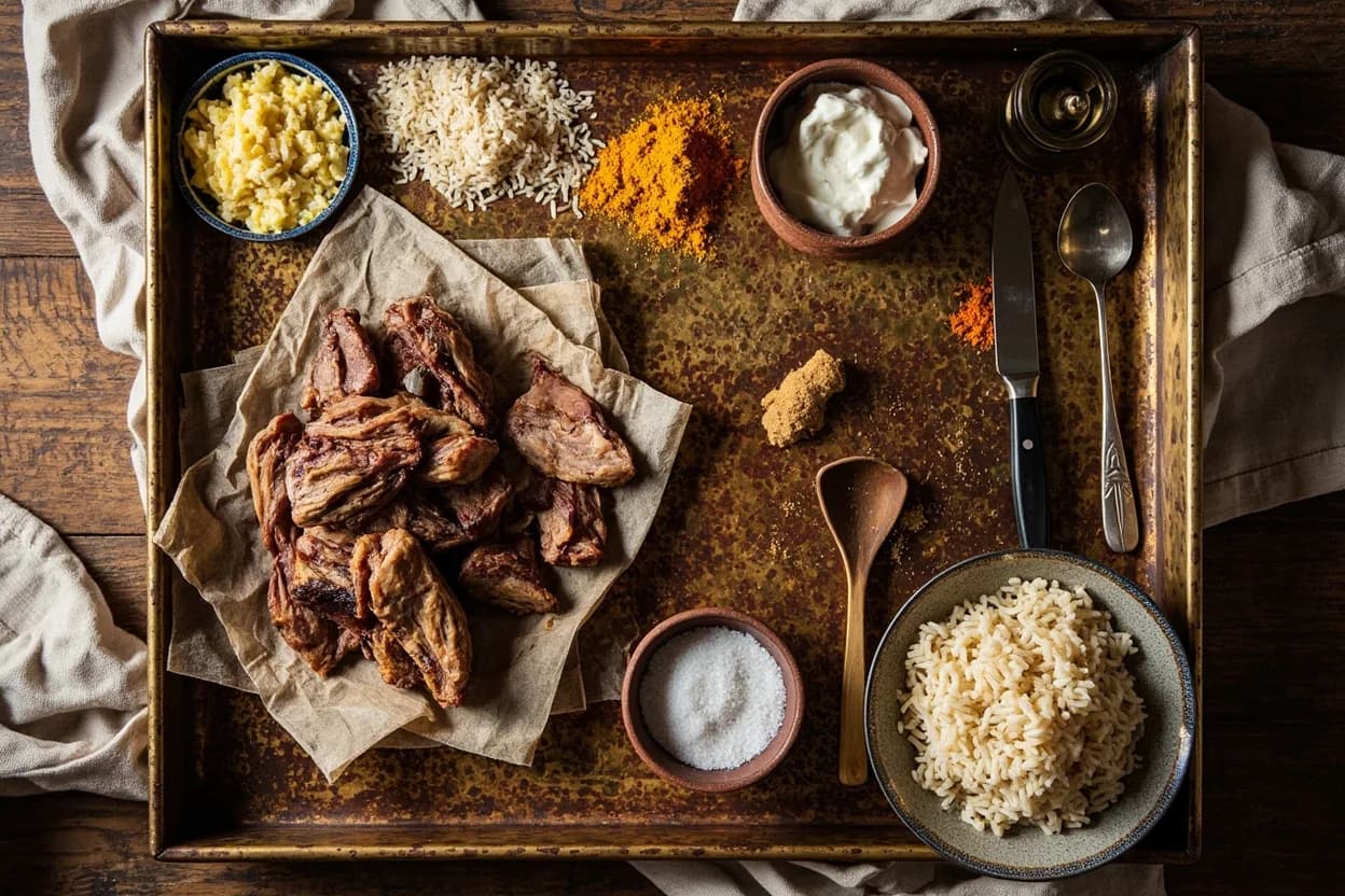 Mise en place for Jordanian: the staple ingredients and key tools of the tradition laid out on the cook's board.