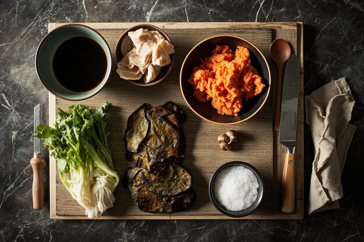Mise en place for Kaiseki: the staple ingredients and key tools of the tradition laid out on the cook's board.