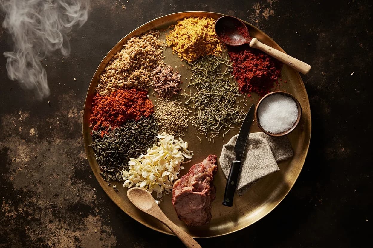 Mise en place for Kashmiri (Wazwan): the staple ingredients and key tools of the tradition laid out on the cook's board.