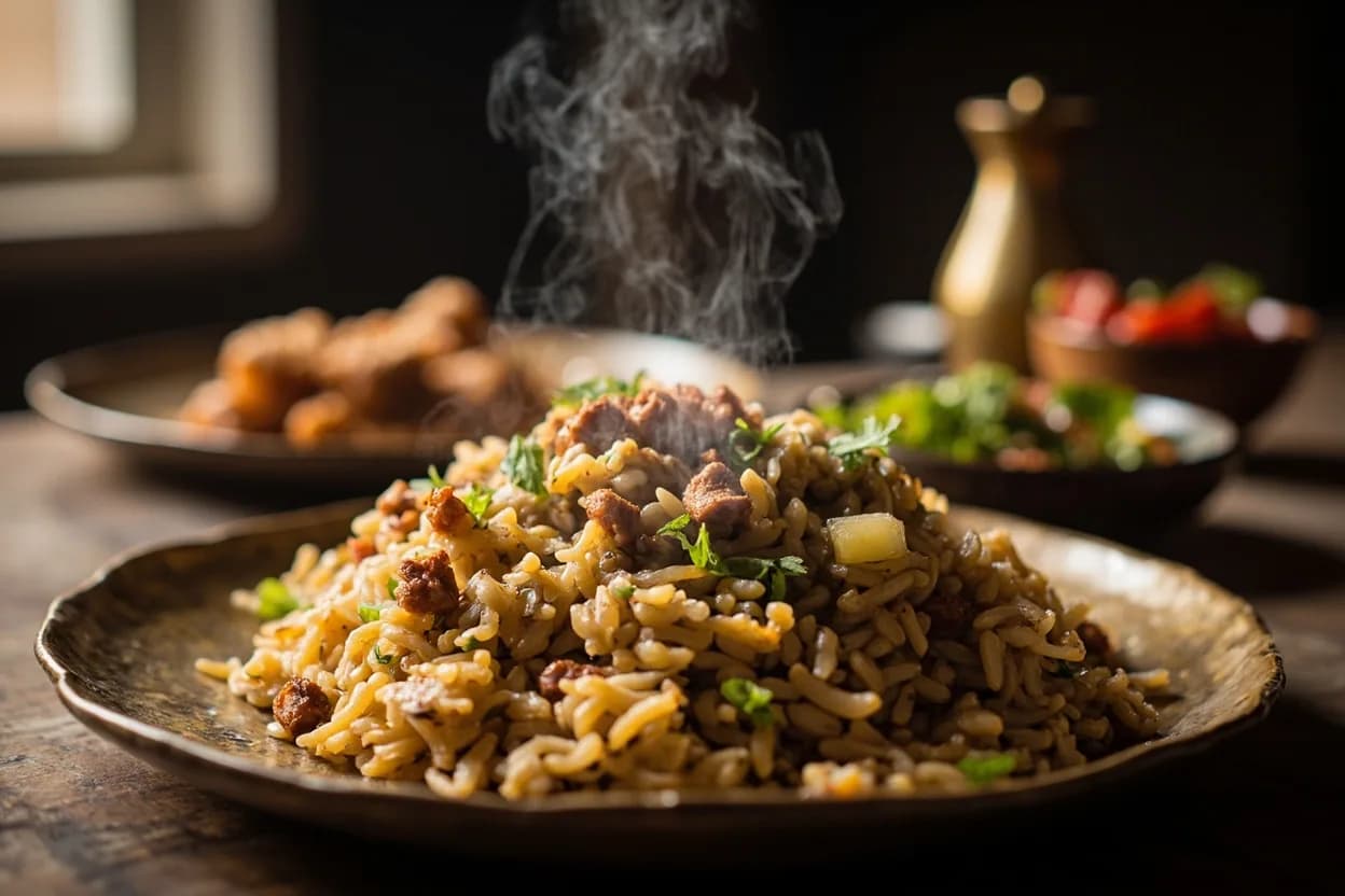 shole ghalamkar (Mashhad's dense mixed-grain pilaf) — a signature plate from Khorasani cuisine, prepared in the regional style.