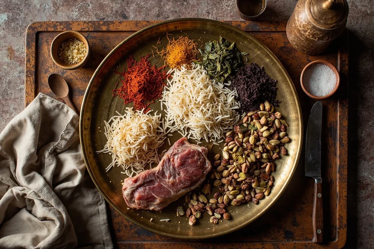 Mise en place for Khorasani: the staple ingredients and key tools of the tradition laid out on the cook's board.