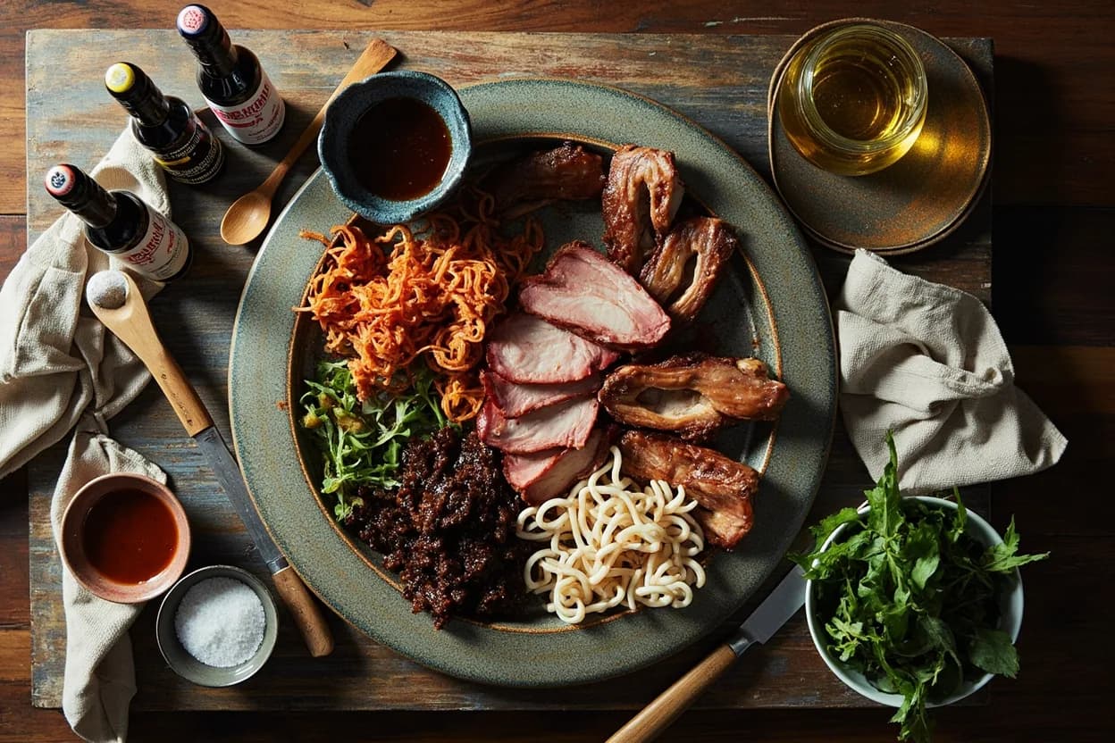 Mise en place for Korean-Chinese (Junghwa Cuisine): the staple ingredients and key tools of the tradition laid out on the cook's board.