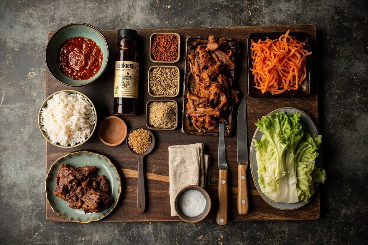 Mise en place for Korean (Joseon Court & Regional): the staple ingredients and key tools of the tradition laid out on the cook's board.