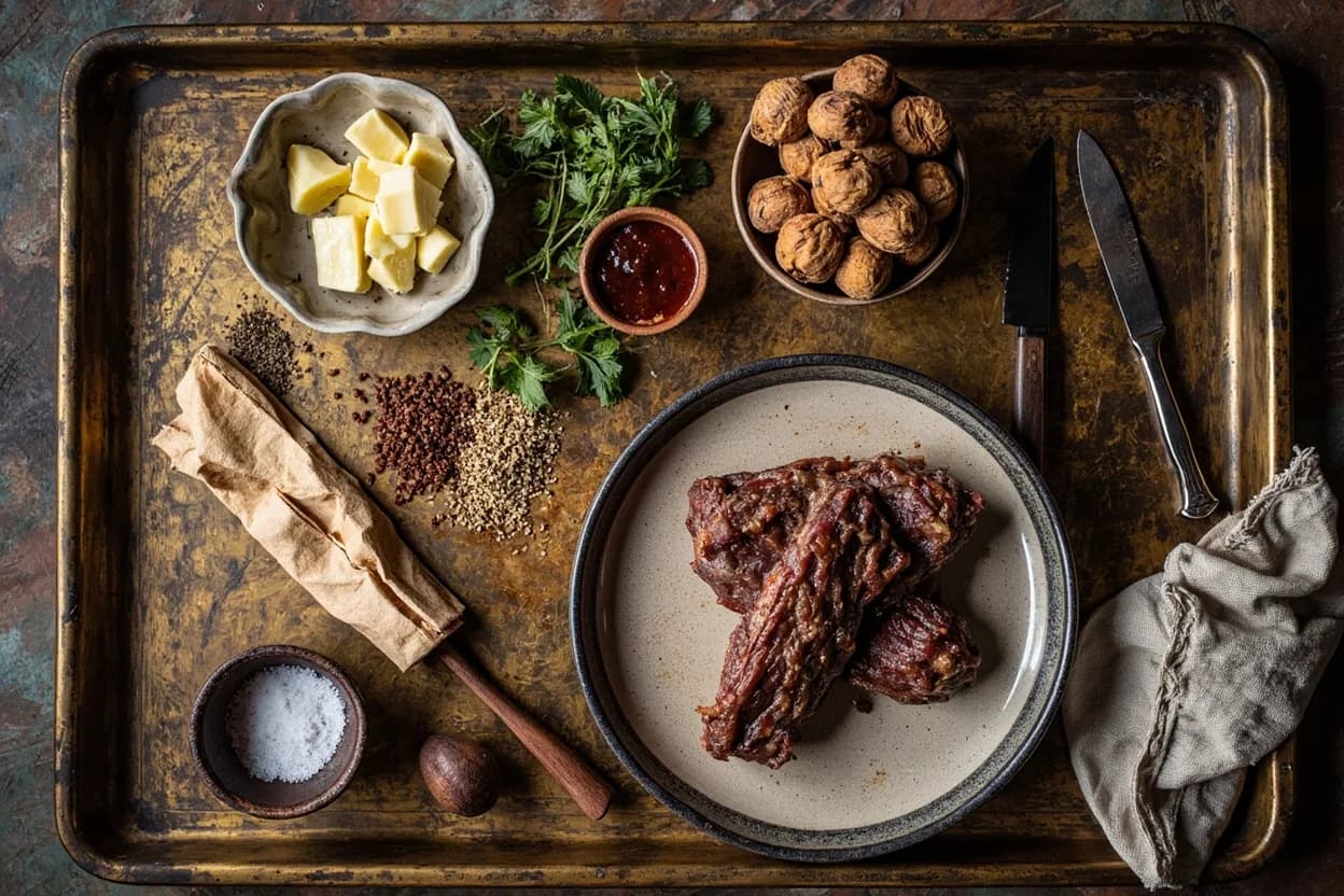 Mise en place for Kurdish (Kurmanci Kitchen): the staple ingredients and key tools of the tradition laid out on the cook's board.