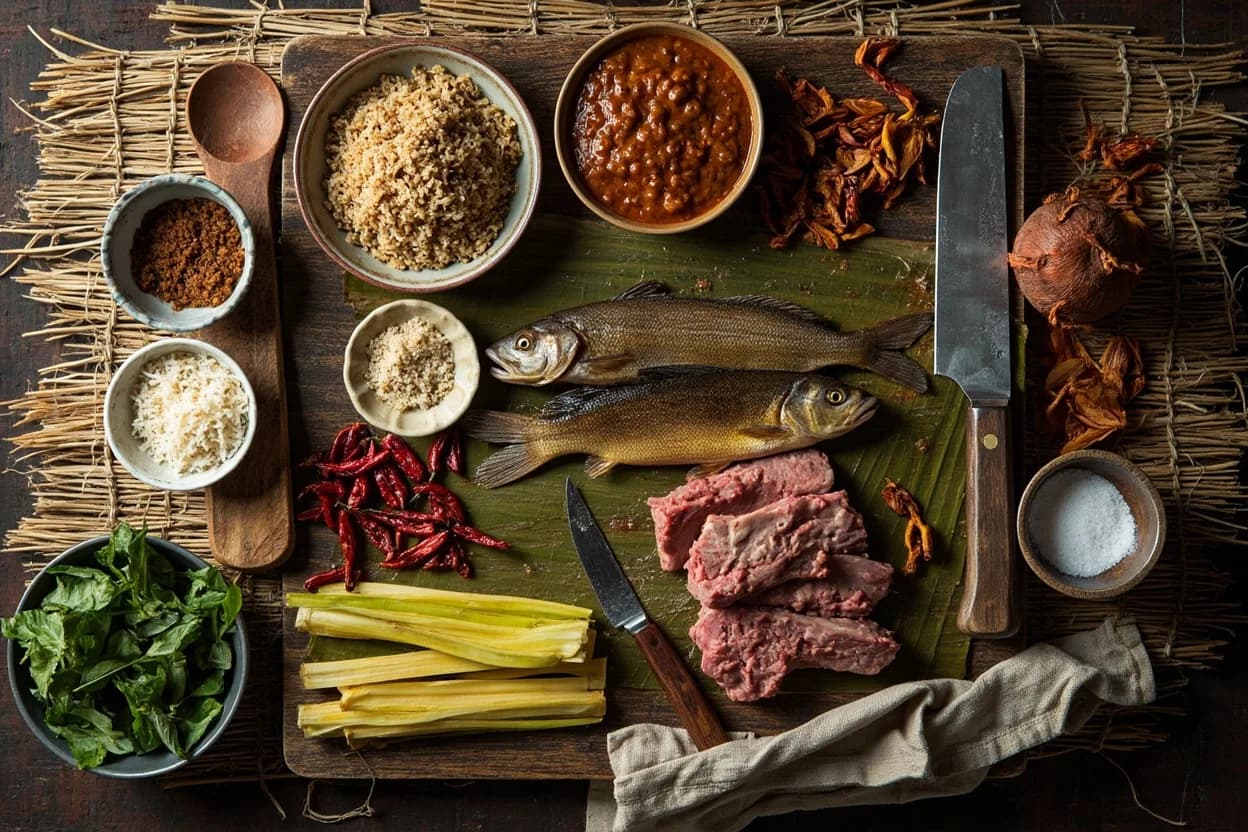 Mise en place for Laotian: the staple ingredients and key tools of the tradition laid out on the cook's board.