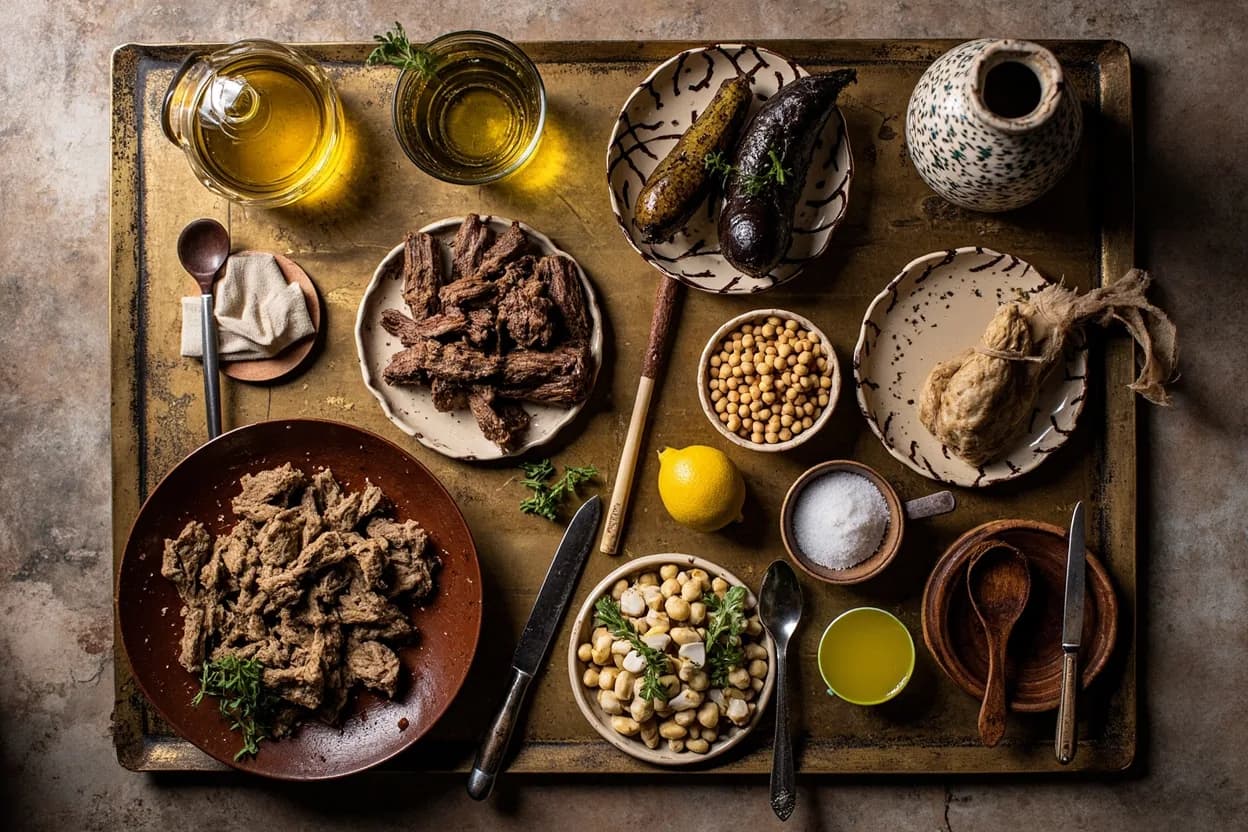 Mise en place for Lebanese: the staple ingredients and key tools of the tradition laid out on the cook's board.