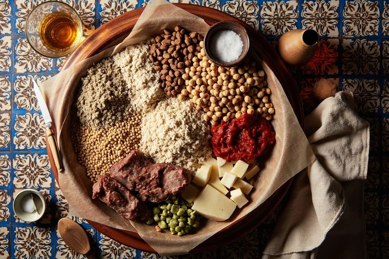 Mise en place for Libyan: the staple ingredients and key tools of the tradition laid out on the cook's board.