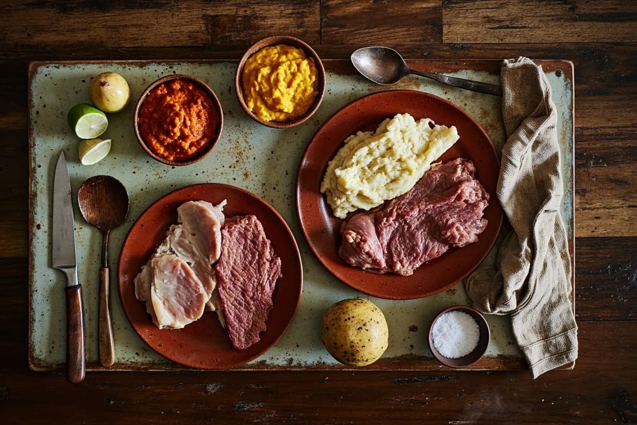 Mise en place for Limeña Criolla: the staple ingredients and key tools of the tradition laid out on the cook's board.