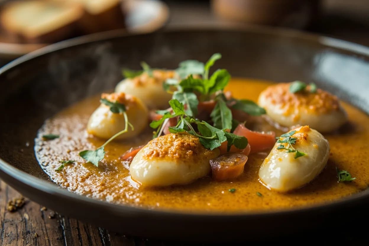 Quenelles de Brochet sauce Nantua — a signature plate from Lyonnaise (Bouchon Tradition) cuisine, prepared in the regional style.