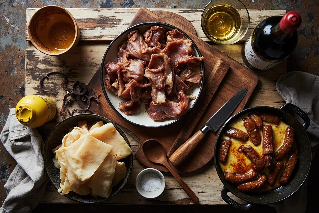 Mise en place for Lyonnaise (Bouchon Tradition): the staple ingredients and key tools of the tradition laid out on the cook's board.