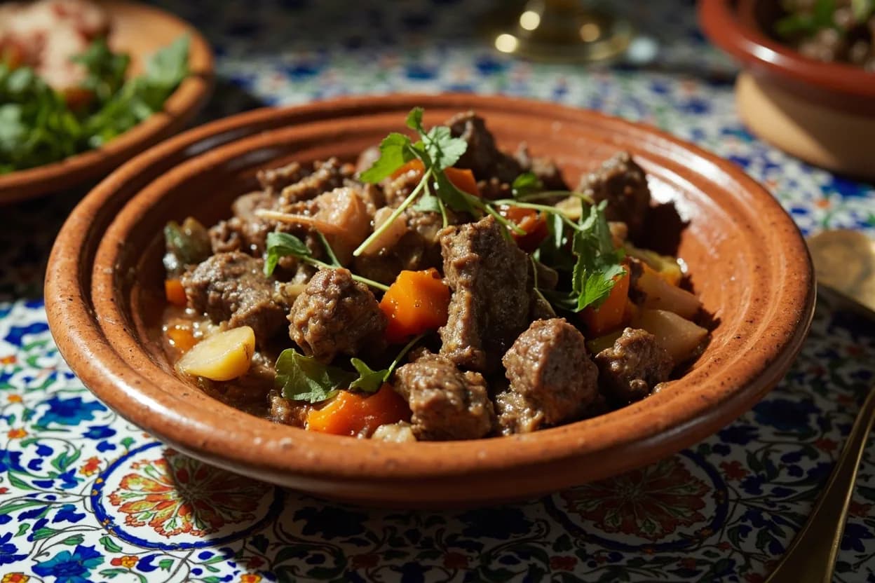 tagine (lamb, chicken, vegetable) — a signature plate from Maghrebi (North African) cuisine, prepared in the regional style.