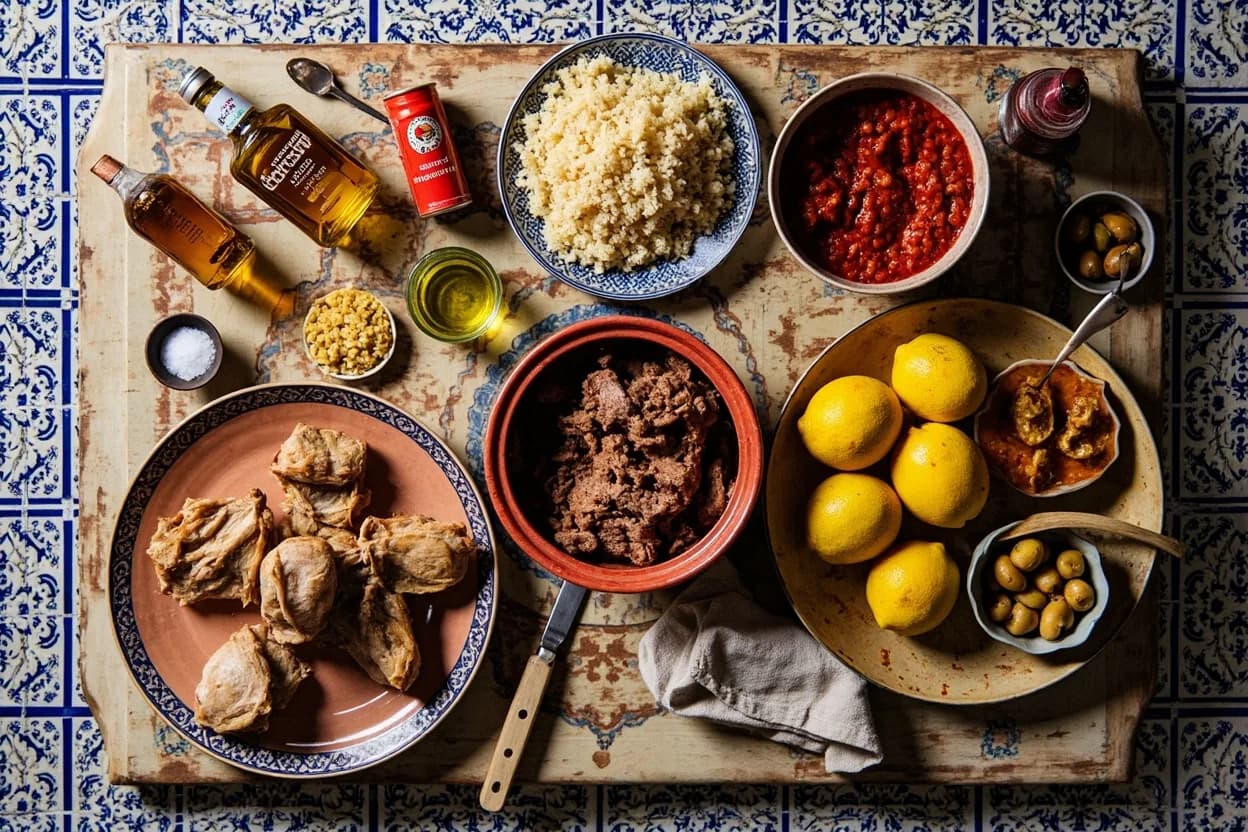 Mise en place for Maghrebi (North African): the staple ingredients and key tools of the tradition laid out on the cook's board.
