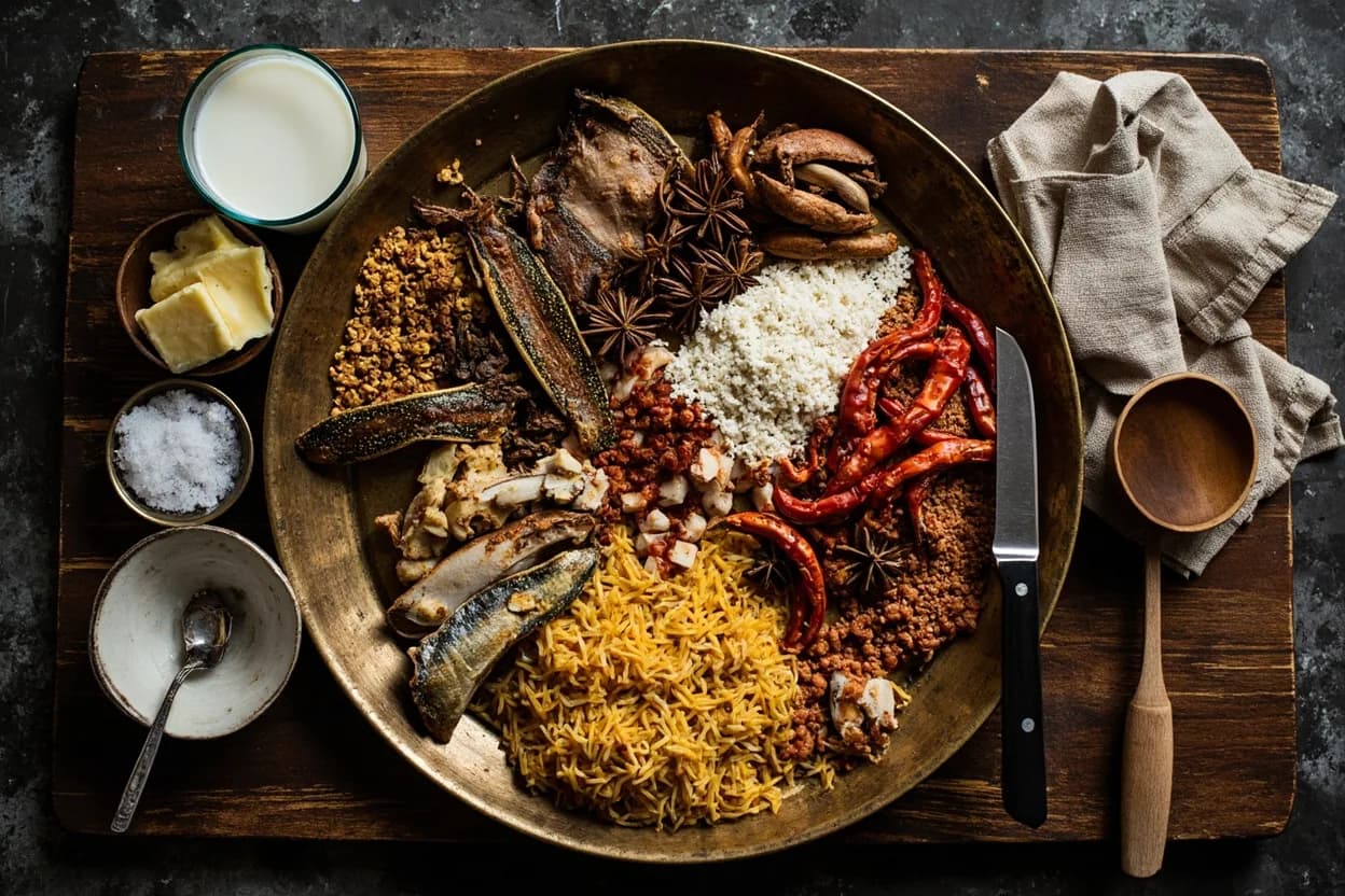 Mise en place for Malabar Muslim (Mappila): the staple ingredients and key tools of the tradition laid out on the cook's board.