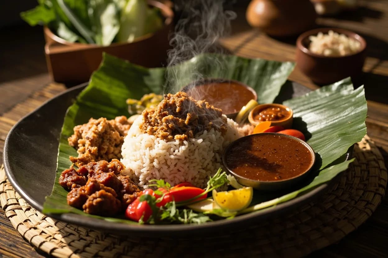 Nasi lemak (coconut rice with anchovy sambal and condiments) — a signature plate from Malay cuisine, prepared in the regional style.