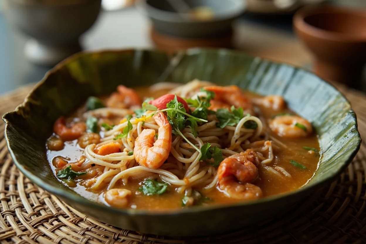 Penang hokkien mee (prawn bisque noodle soup) — a signature plate from Malaysian Chinese (Nyonya / Hokkien) cuisine, prepared in the regional style.