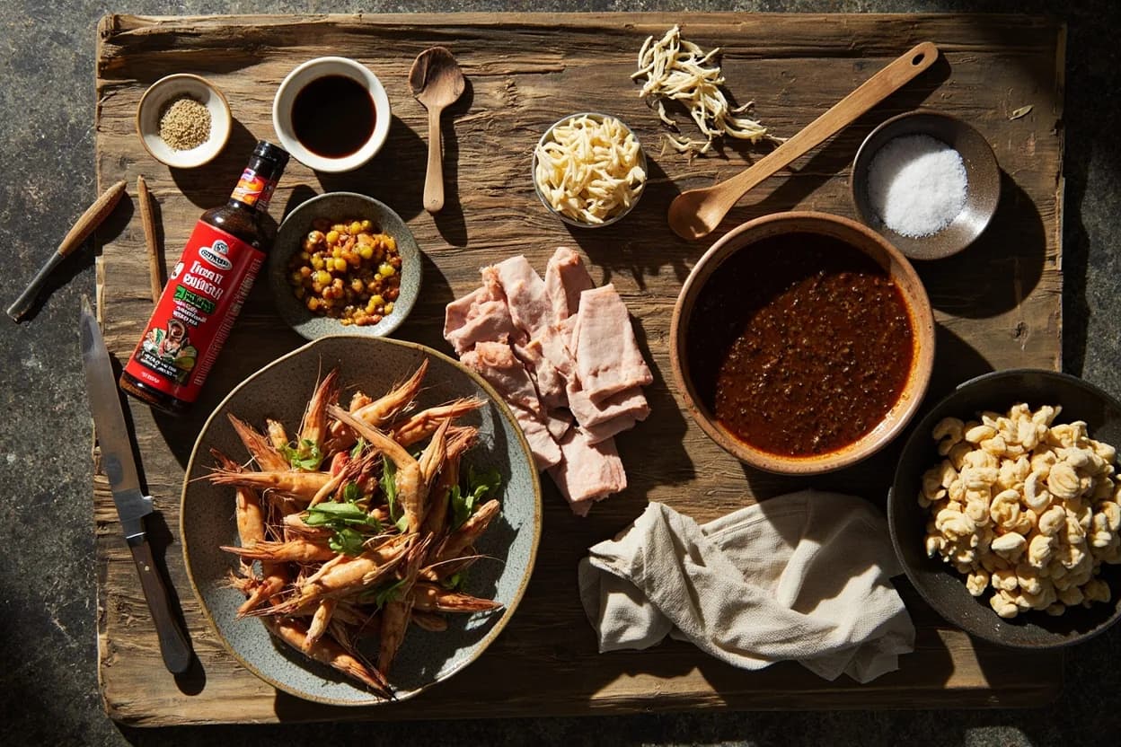 Mise en place for Malaysian Chinese (Nyonya / Hokkien): the staple ingredients and key tools of the tradition laid out on the cook's board.