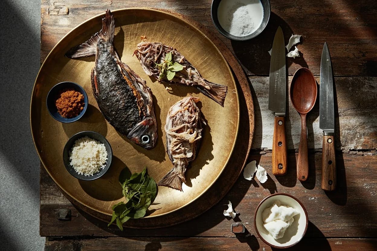 Mise en place for Maldivian (Dried Tuna Cuisine): the staple ingredients and key tools of the tradition laid out on the cook's board.