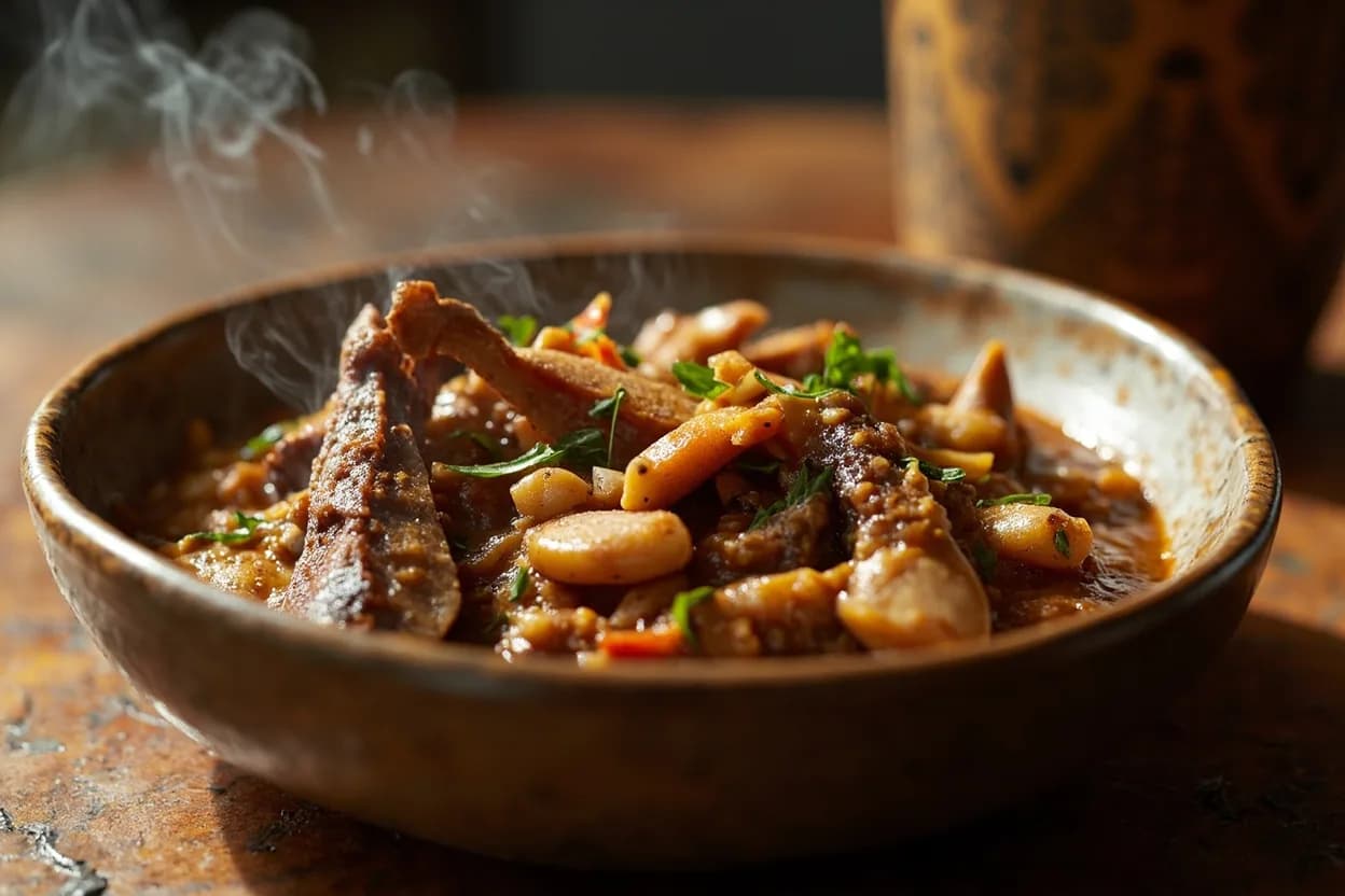 tigadèguèna (peanut stew with meat or fish) — a signature plate from Malian cuisine, prepared in the regional style.