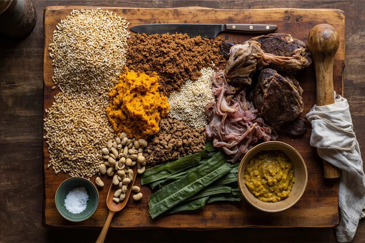 Mise en place for Malian: the staple ingredients and key tools of the tradition laid out on the cook's board.