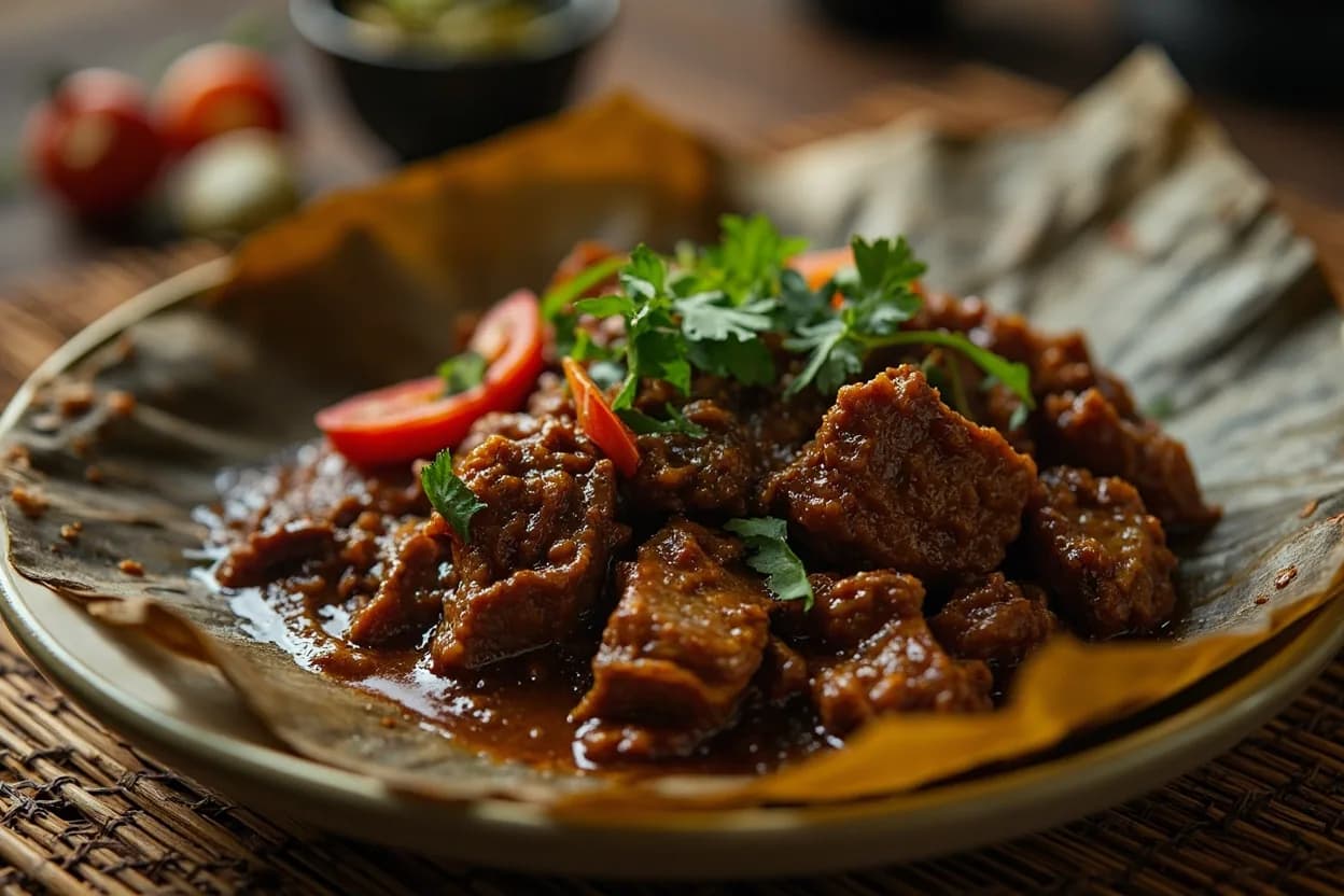 Rendang sapi (dry-braised beef in coconut and spice) — a signature plate from Minangkabau (Padang) cuisine, prepared in the regional style.