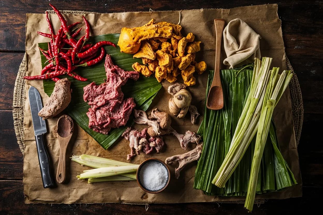 Mise en place for Minangkabau (Padang): the staple ingredients and key tools of the tradition laid out on the cook's board.