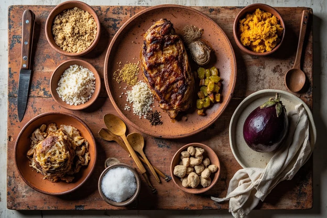 Mise en place for Moorish-Andalusian (Al-Andalus): the staple ingredients and key tools of the tradition laid out on the cook's board.