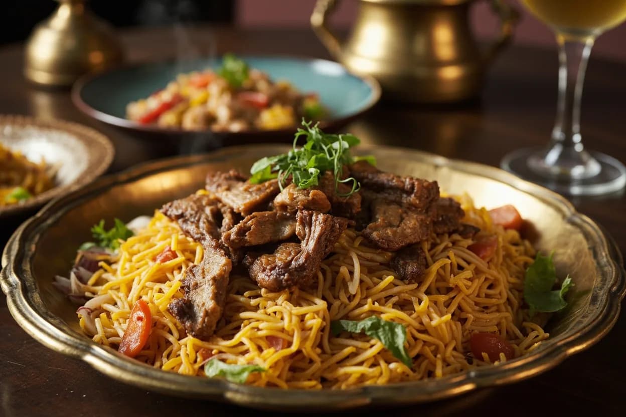 biryani (layered saffron rice with meat) — a signature plate from Mughlai cuisine, prepared in the regional style.