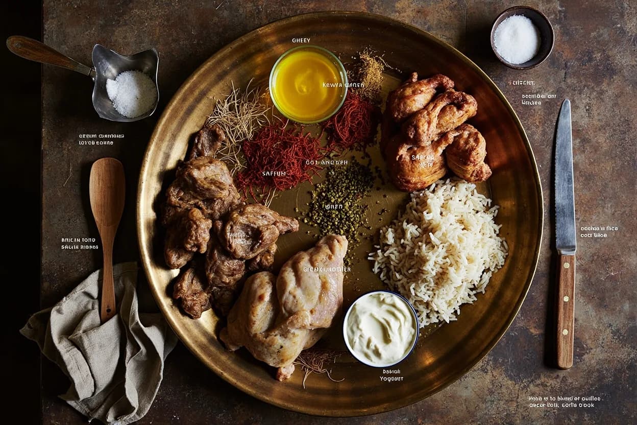 Mise en place for Mughlai: the staple ingredients and key tools of the tradition laid out on the cook's board.