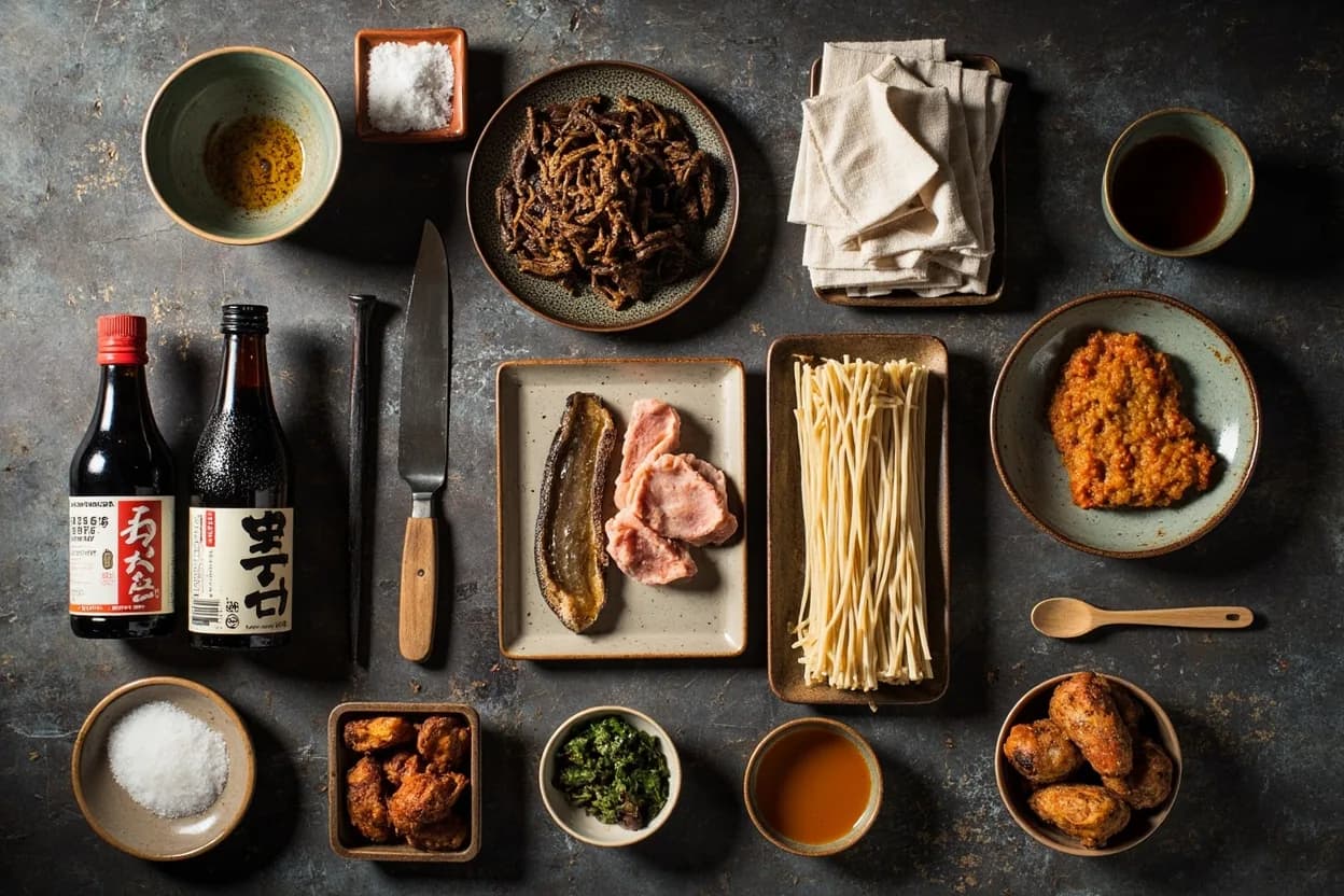 Mise en place for Nagoya (Nagoya-meshi): the staple ingredients and key tools of the tradition laid out on the cook's board.