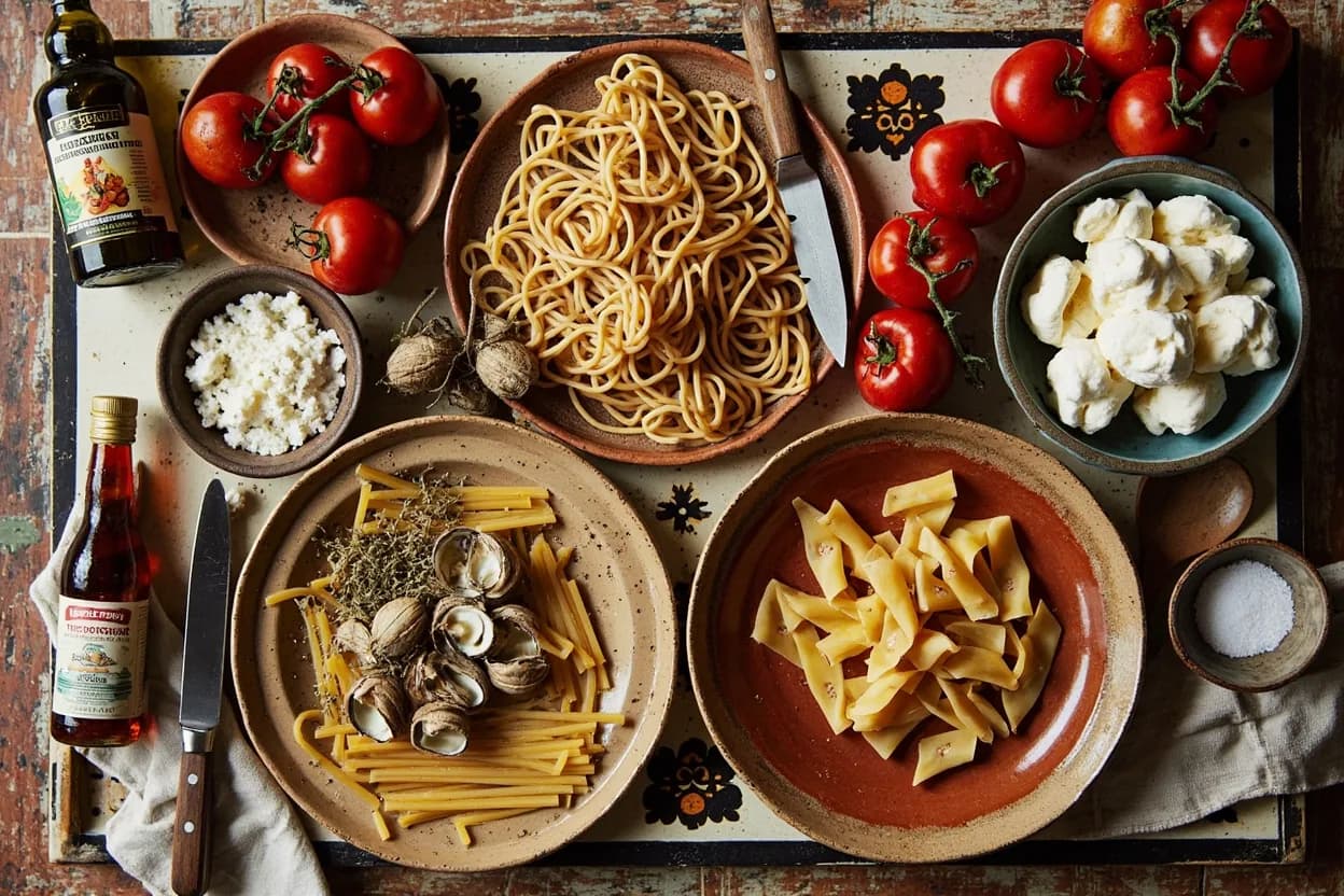 Mise en place for Neapolitan: the staple ingredients and key tools of the tradition laid out on the cook's board.