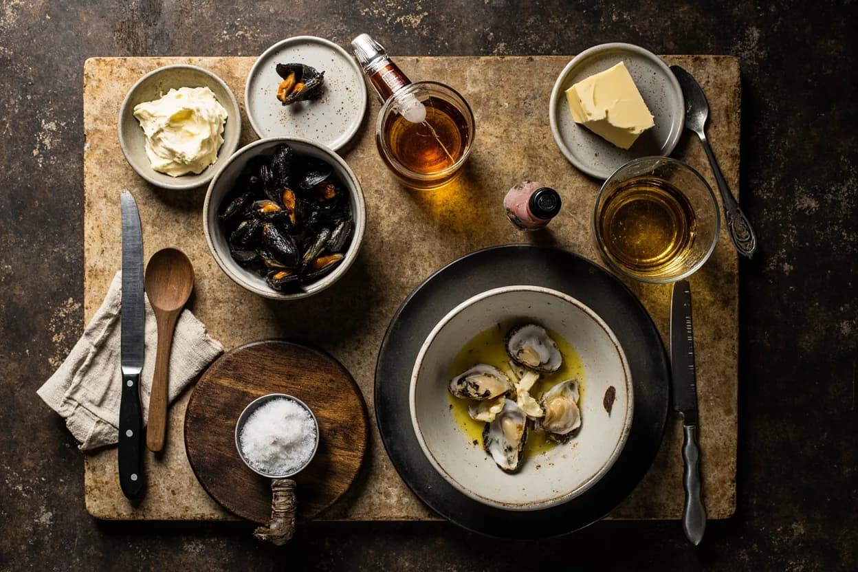Mise en place for Normand: the staple ingredients and key tools of the tradition laid out on the cook's board.